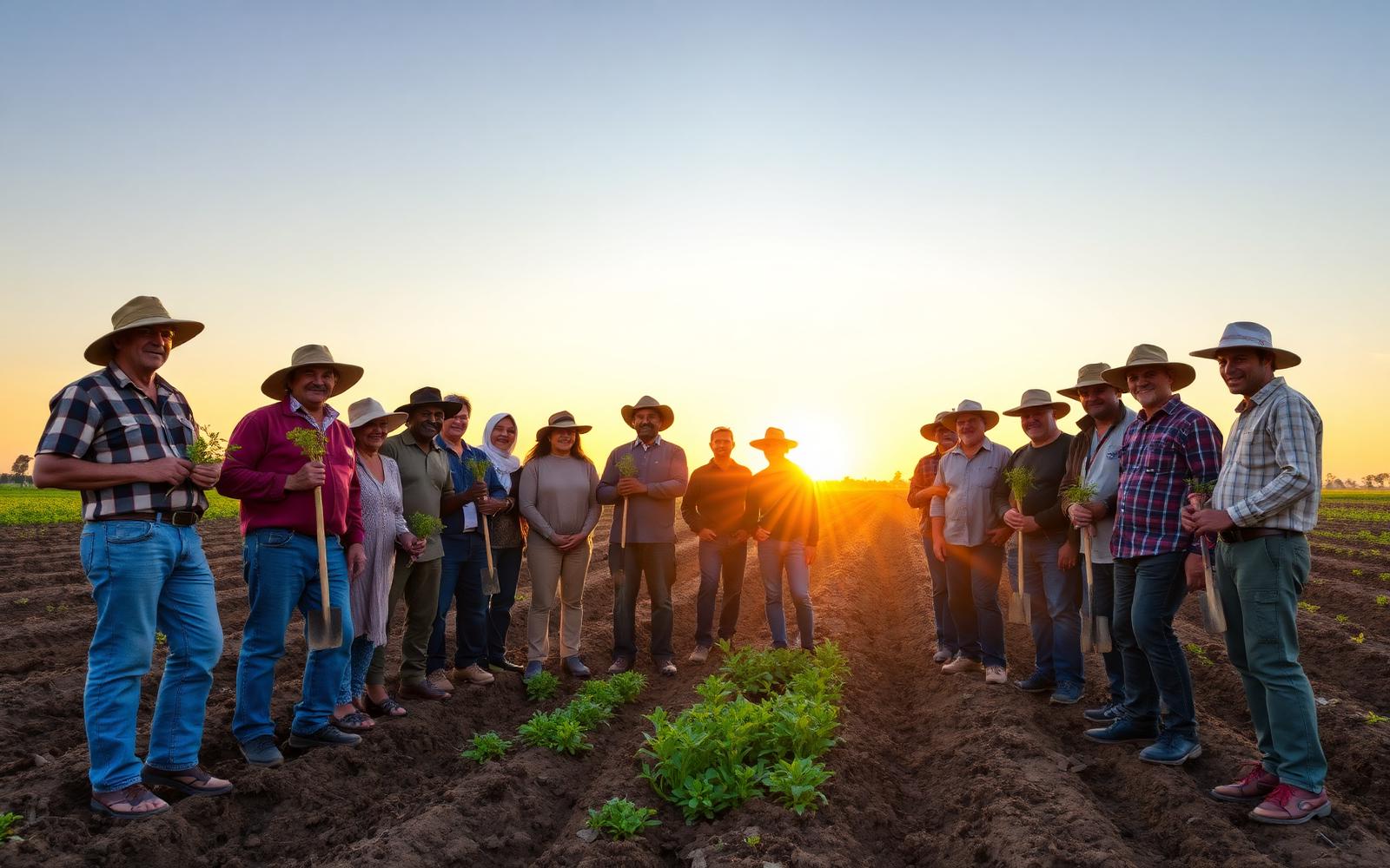 Community of farmers at sunrise
