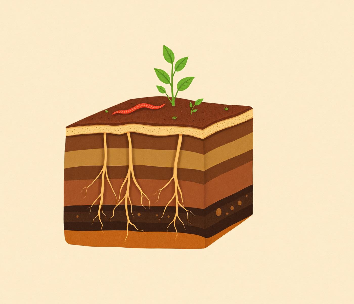 Illustrated cross-section of a soil profile